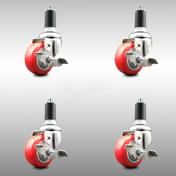Service Caster 3 Inch 316SS Red Poly Swivel 1-1/4 Inch Expanding Stem Caster Set Brake SCC SCC-SS316EX20S314-PPUB-RED-TLB-114-4 - main